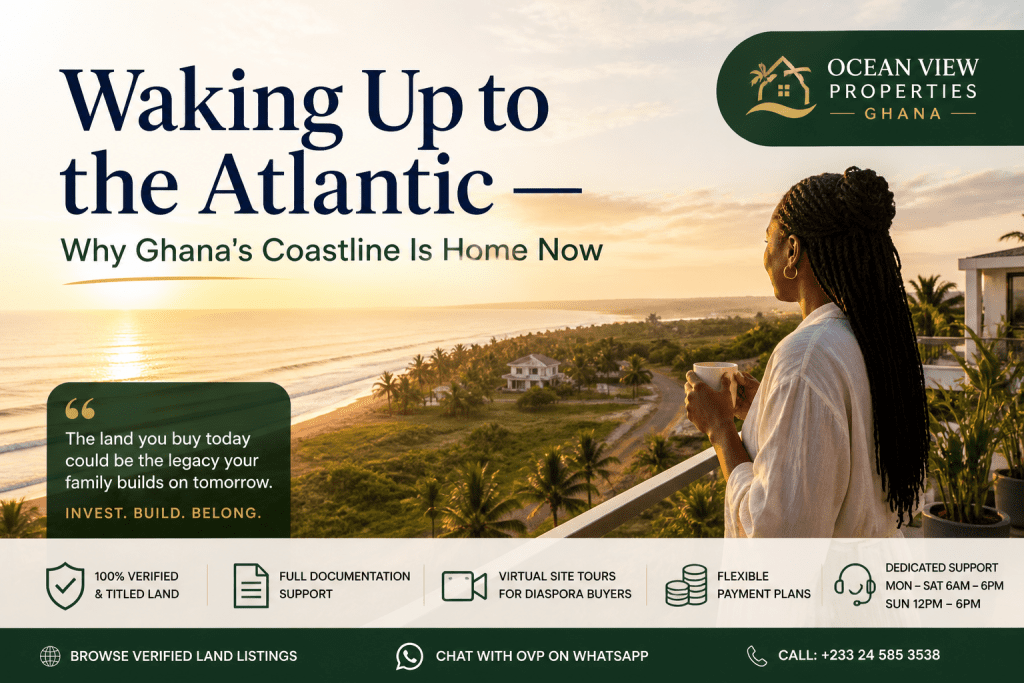 Aerial view of Ghana's coastline at sunset — verified land for sale by Ocean View Properties Ghana