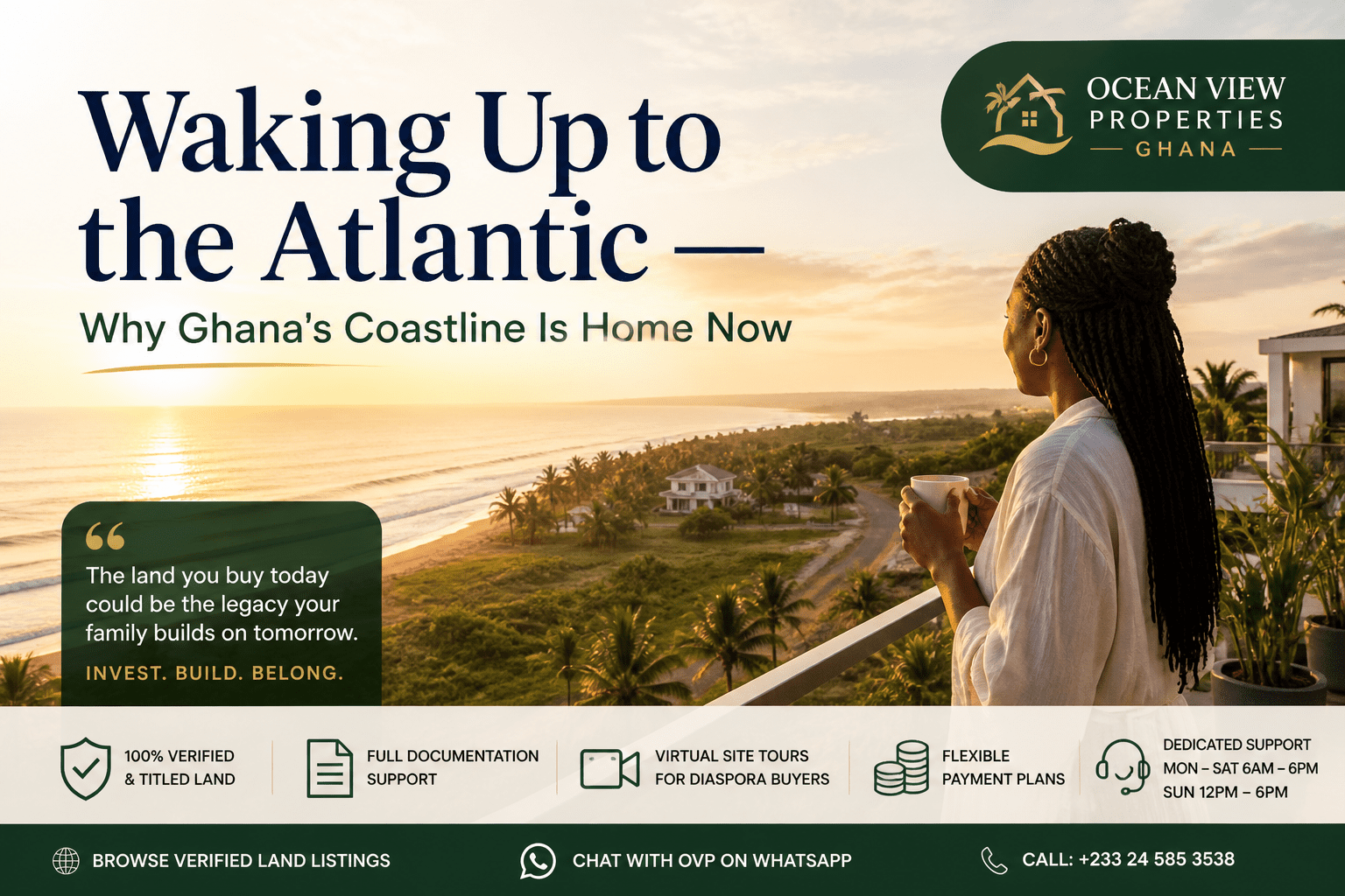 Aerial view of Ghana's coastline at sunset — verified land for sale by Ocean View Properties Ghana